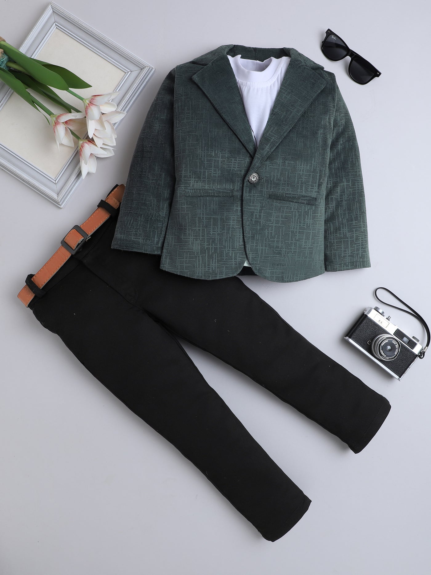 Boys Velvet Textured Blazer & Trouser Set With Printed T-shirt