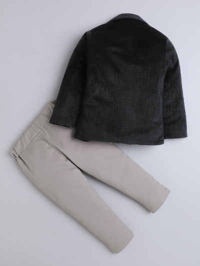 Boys Velvet Textured Blazer & Trouser Set With Printed T-shirt