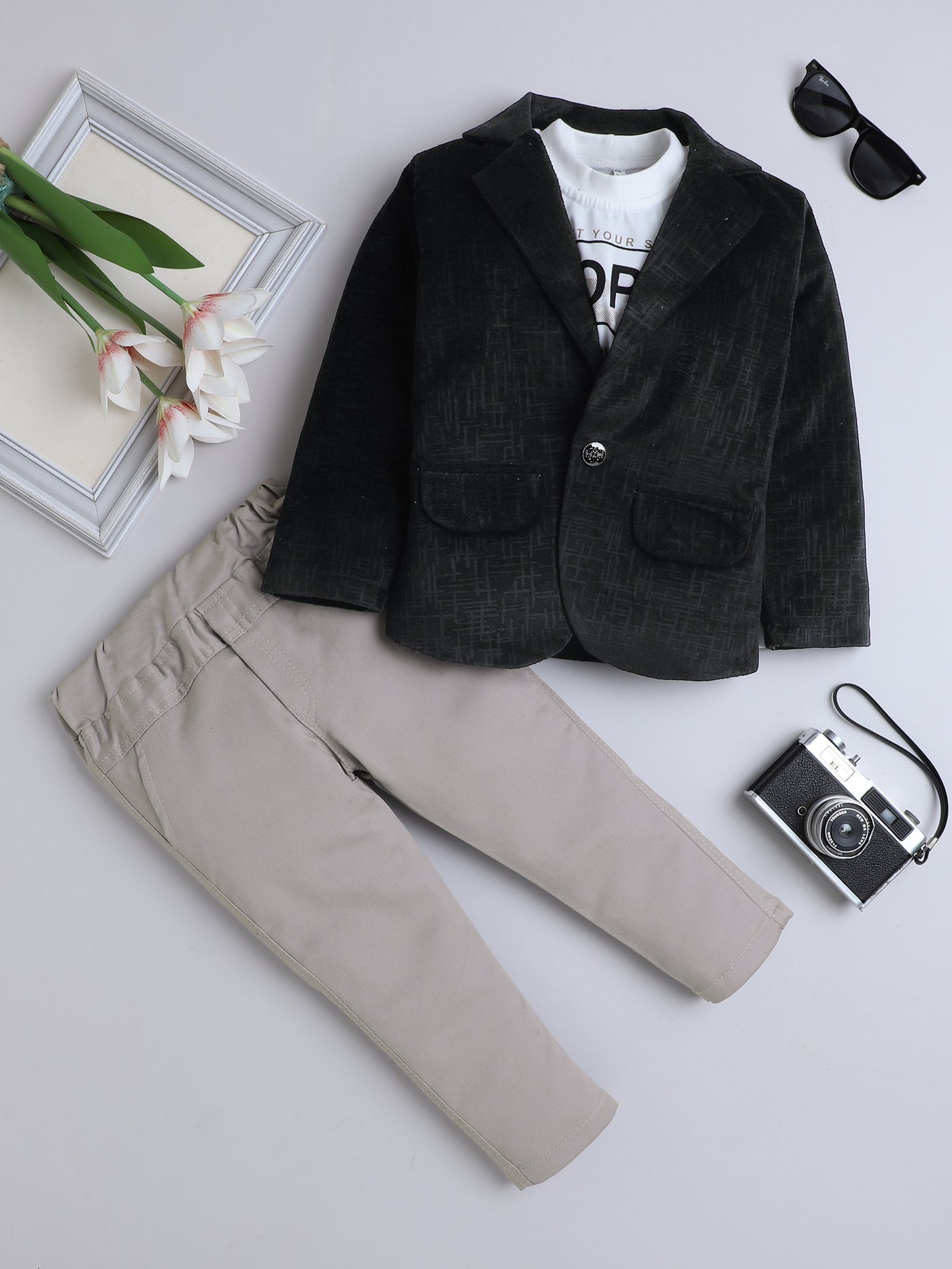 Boys Velvet Textured Blazer & Trouser Set With Printed T-shirt