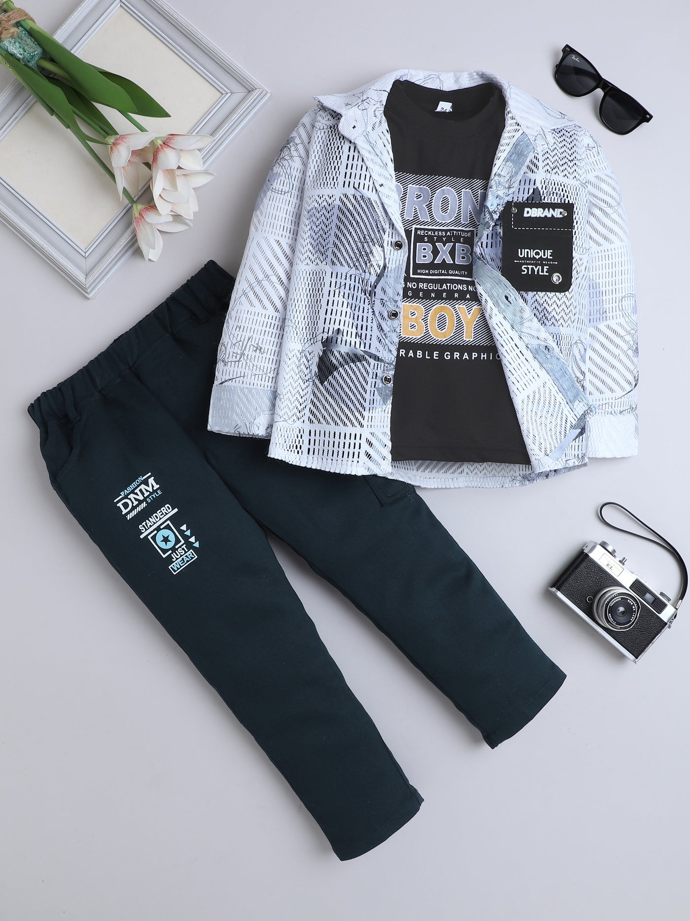 Boys Cotton Blend Geometric Grid Abstract Printed 3 Piece Set