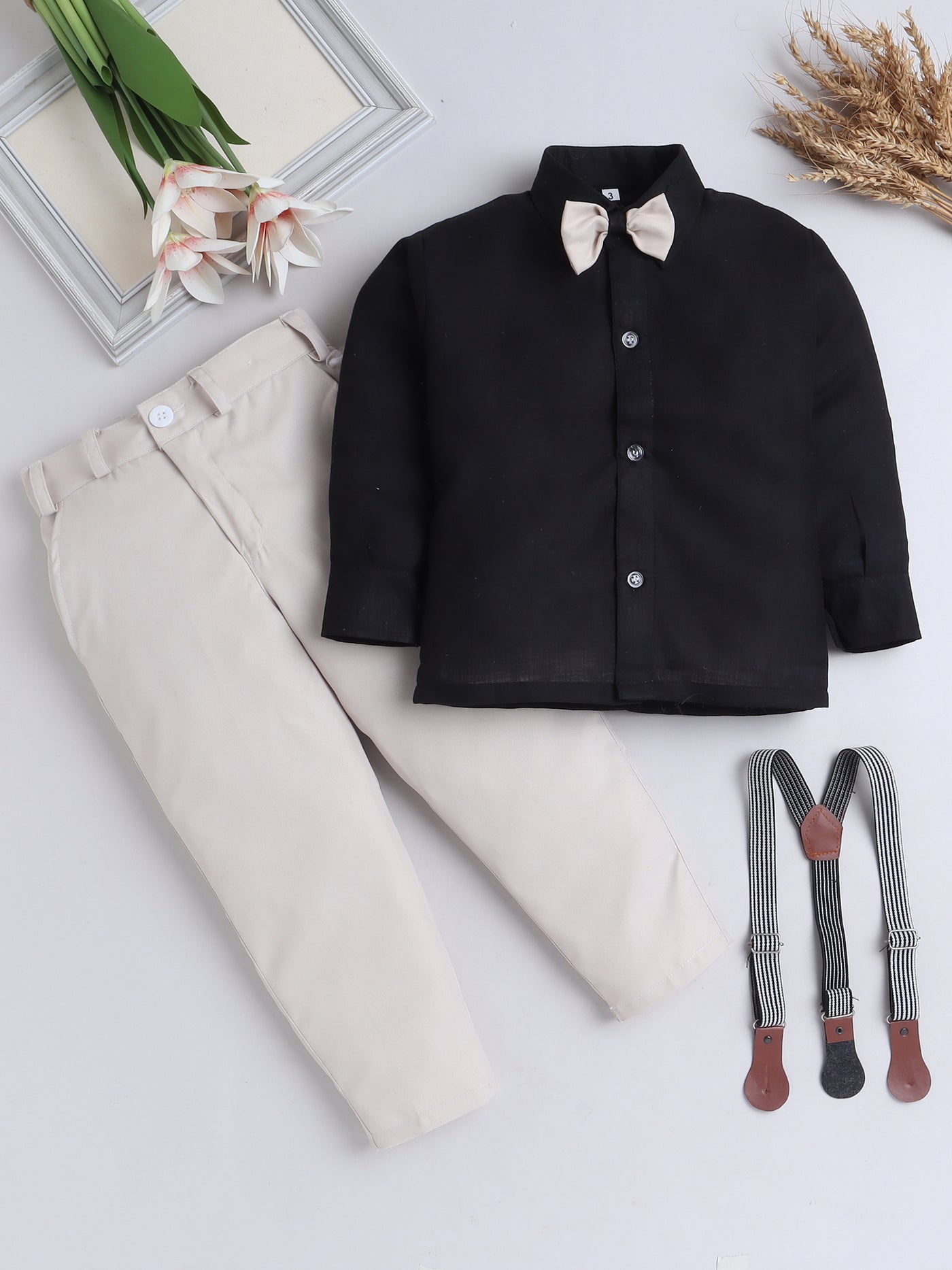 Boys Full Sleeves Shirt & Trouser Set With Suspenders