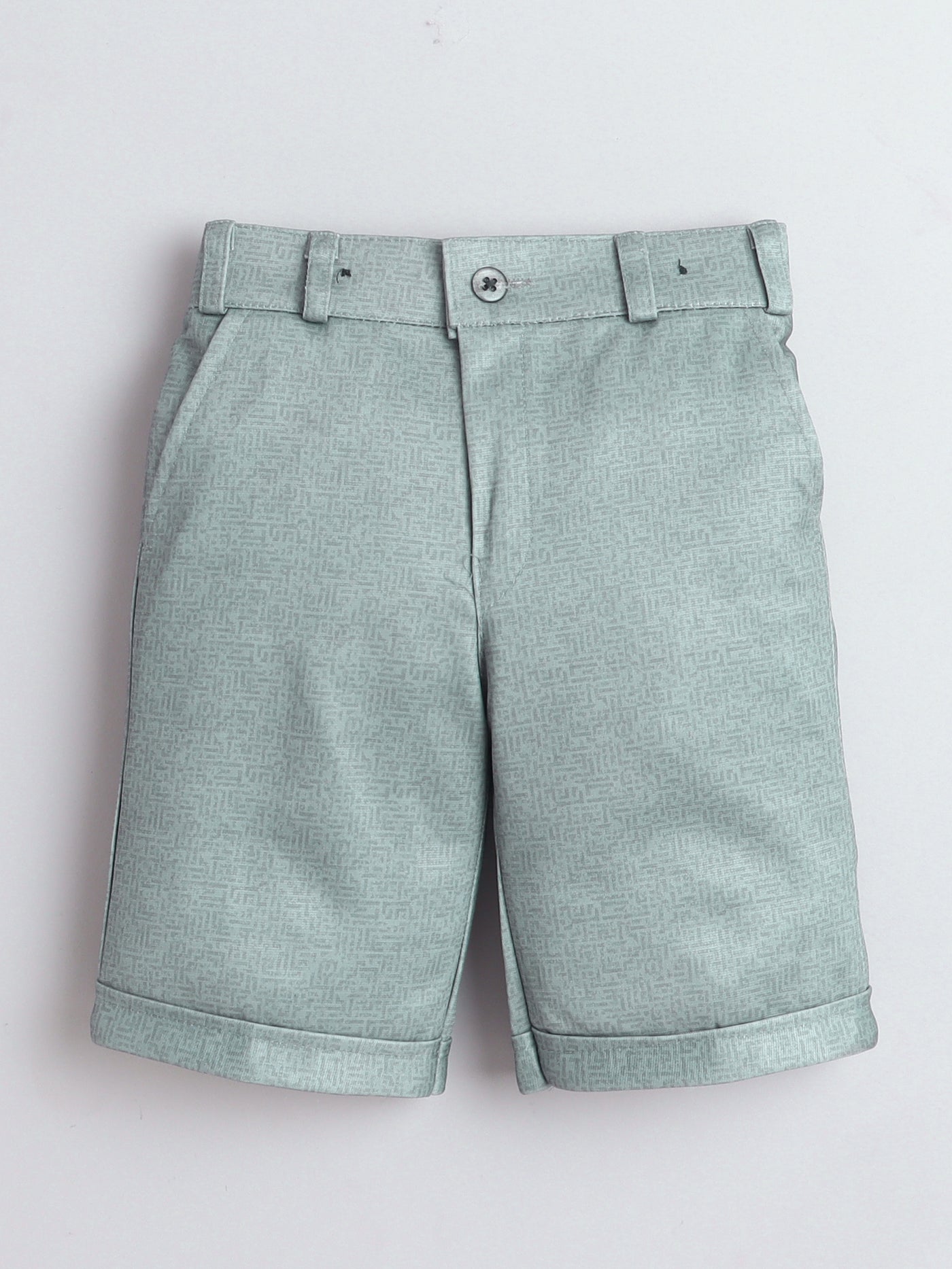 Boys Cotton Blend Abstract Printed Crochet Shirt & Shorts Set With Suspender, Cap & Bowtie