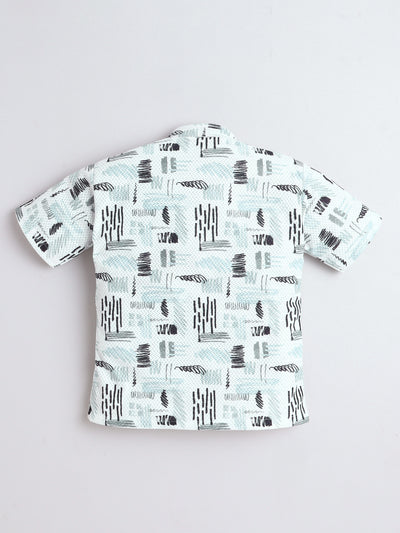 Boys Cotton Blend Abstract Printed Crochet Shirt & Shorts Set With Suspender, Cap & Bowtie