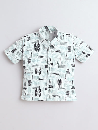 Boys Cotton Blend Abstract Printed Crochet Shirt & Shorts Set With Suspender, Cap & Bowtie