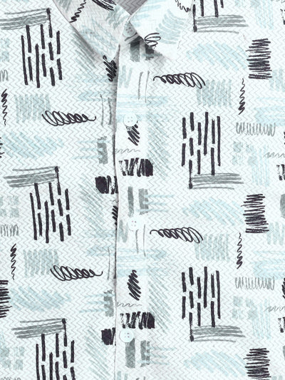 Boys Cotton Blend Abstract Printed Crochet Shirt & Shorts Set With Suspender, Cap & Bowtie