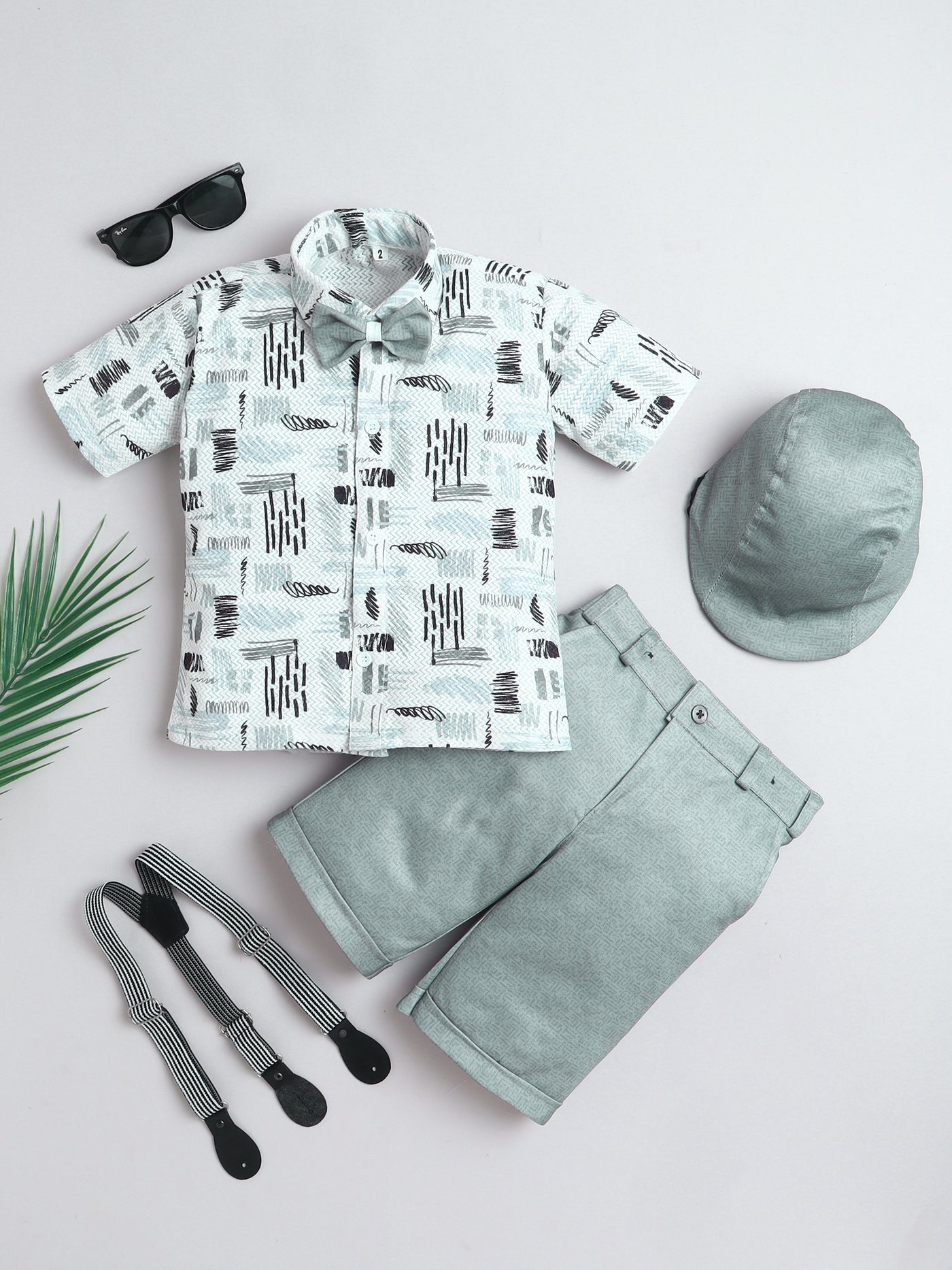 Boys Cotton Blend Abstract Printed Crochet Shirt & Shorts Set With Suspender, Cap & Bowtie