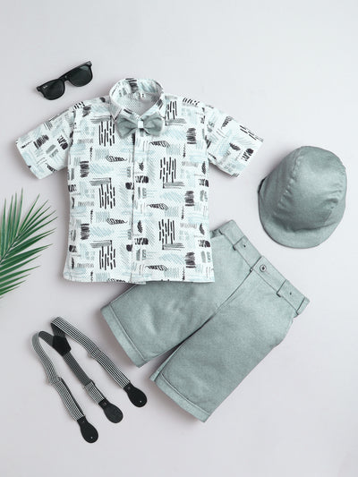 Boys Cotton Blend Abstract Printed Crochet Shirt & Shorts Set With Suspender, Cap & Bowtie