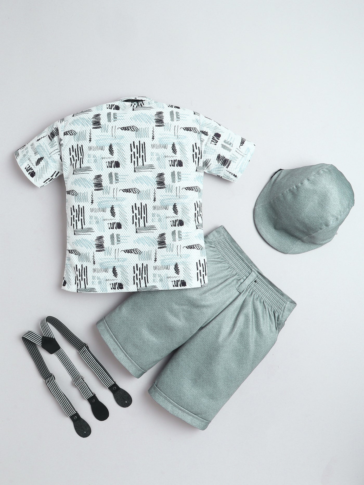 Boys Cotton Blend Abstract Printed Crochet Shirt & Shorts Set With Suspender, Cap & Bowtie