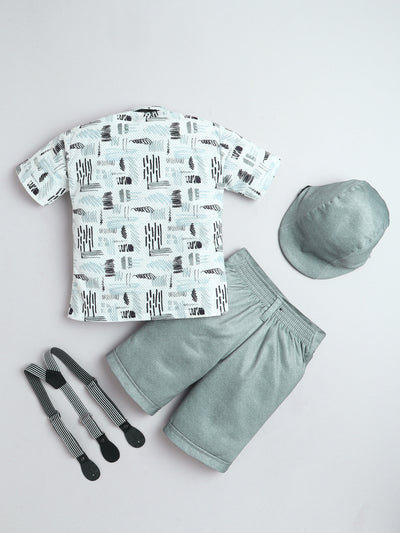 Boys Cotton Blend Abstract Printed Crochet Shirt & Shorts Set With Suspender, Cap & Bowtie