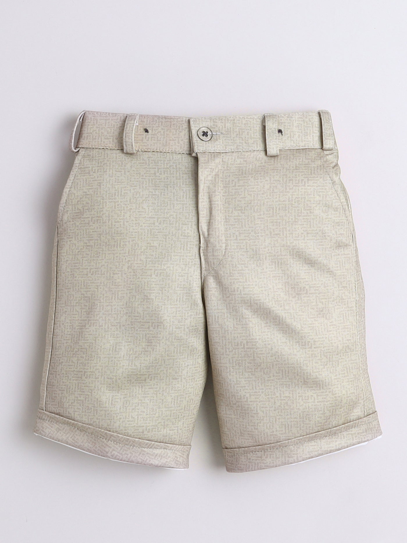 Boys Cotton Blend Abstract Printed Crochet Shirt & Shorts Set With Suspender, Cap & Bowtie