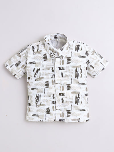 Boys Cotton Blend Abstract Printed Crochet Shirt & Shorts Set With Suspender, Cap & Bowtie