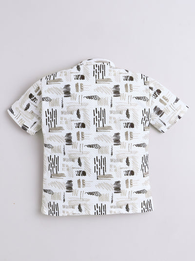 Boys Cotton Blend Abstract Printed Crochet Shirt & Shorts Set With Suspender, Cap & Bowtie