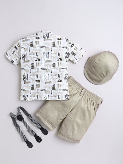 Boys Cotton Blend Abstract Printed Crochet Shirt & Shorts Set With Suspender, Cap & Bowtie