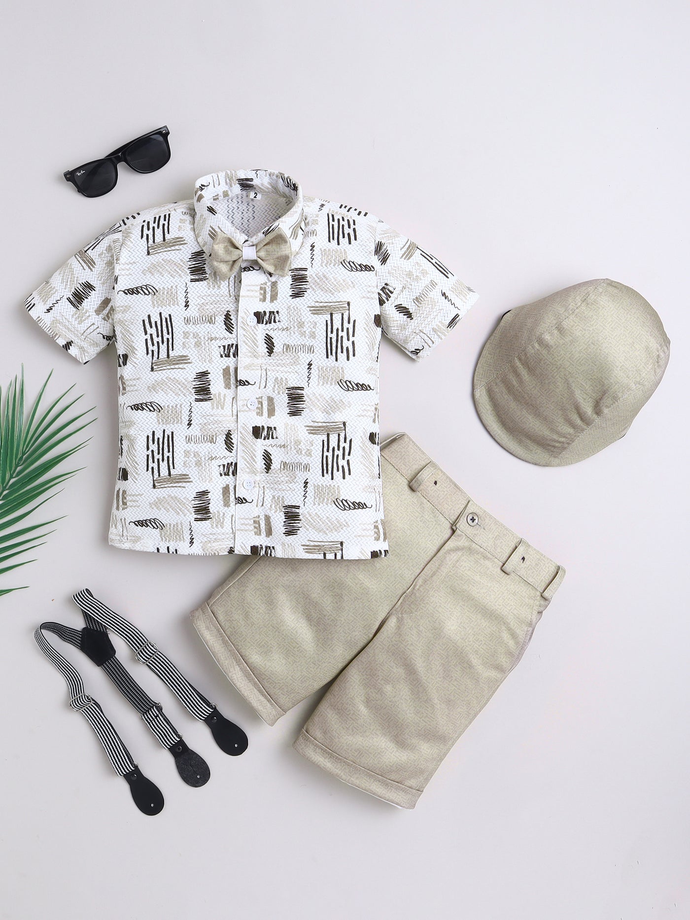 Boys Cotton Blend Abstract Printed Crochet Shirt & Shorts Set With Suspender, Cap & Bowtie