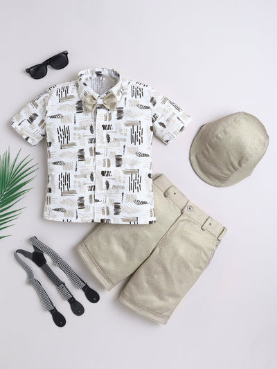 Boys Cotton Blend Abstract Printed Crochet Shirt & Shorts Set With Suspender, Cap & Bowtie