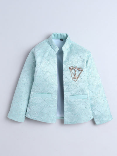 Boys Beads Embellished Embroidered Sherwani & Trouser Set With Shrug