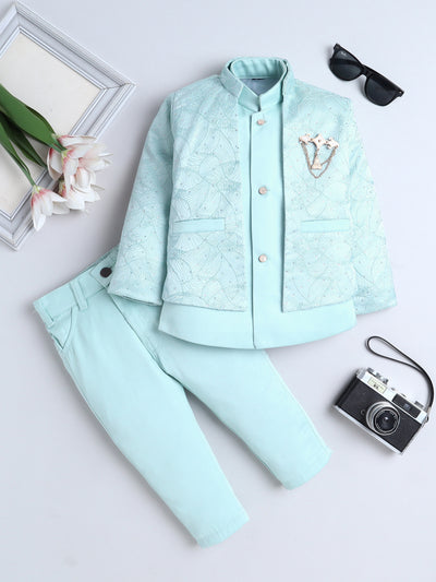 Boys Beads Embellished Embroidered Sherwani & Trouser Set With Shrug