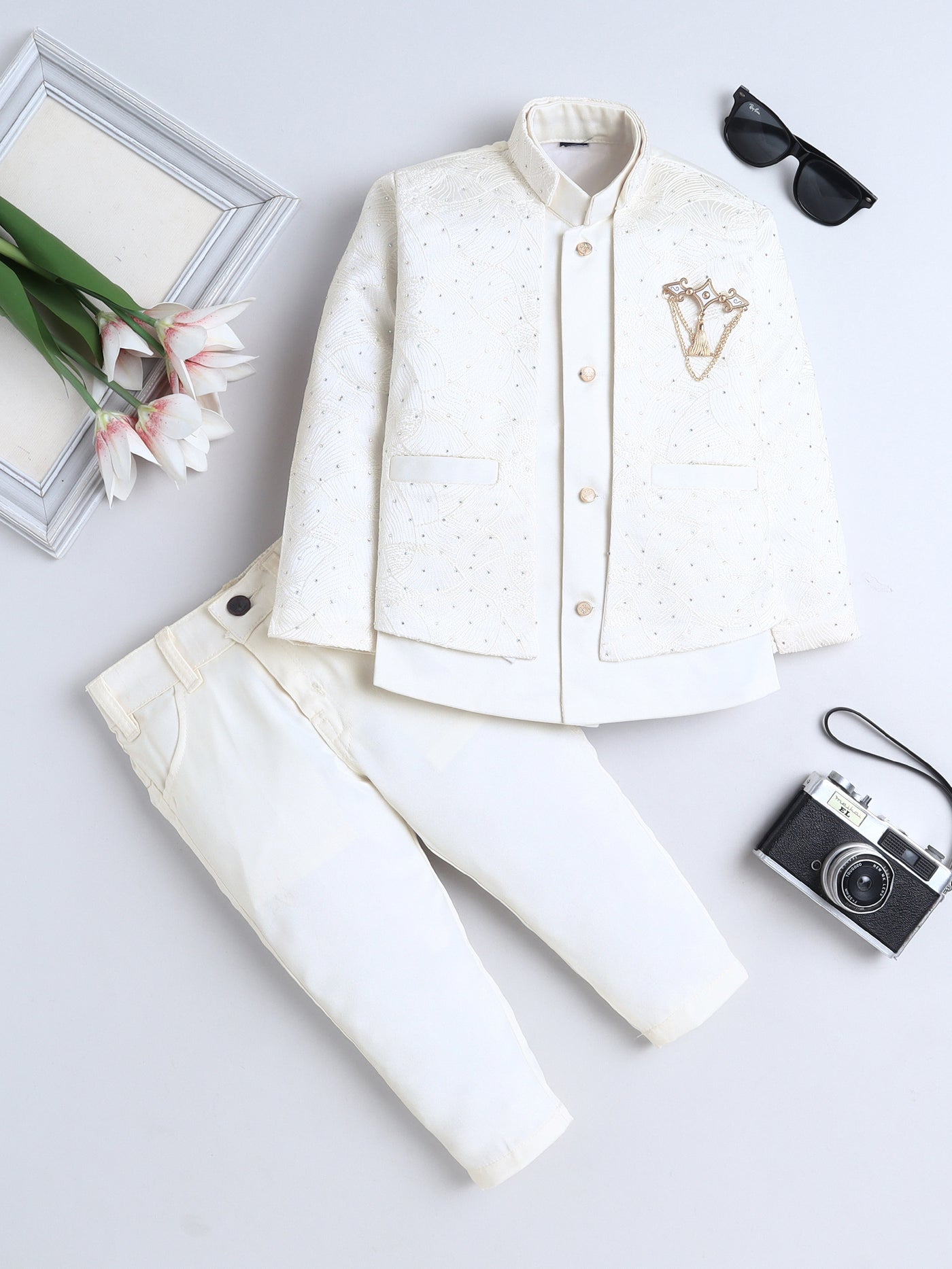 Boys Beads Embellished Embroidered Sherwani & Trouser Set With Shrug