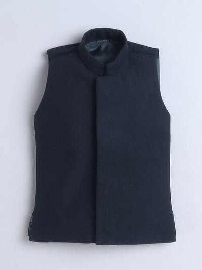 Boys Sequined Zari Embroidery Sherwani & Trouser Set With Shrug