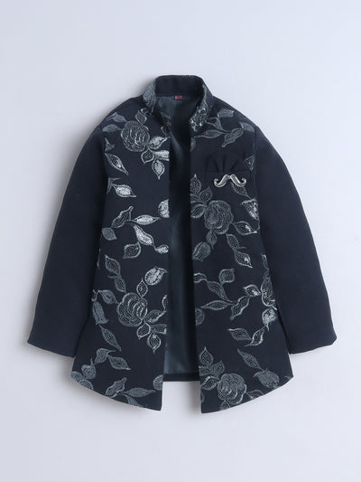 Boys Sequined Zari Embroidery Sherwani & Trouser Set With Shrug