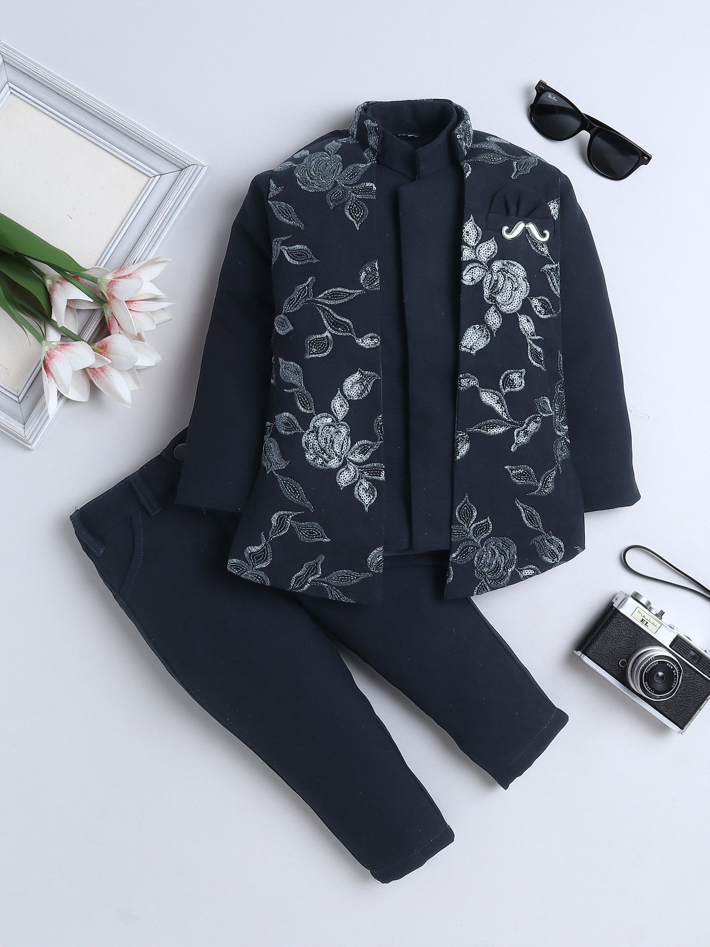 Boys Sequined Zari Embroidery Sherwani & Trouser Set With Shrug