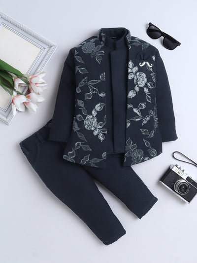 Boys Sequined Zari Embroidery Sherwani & Trouser Set With Shrug