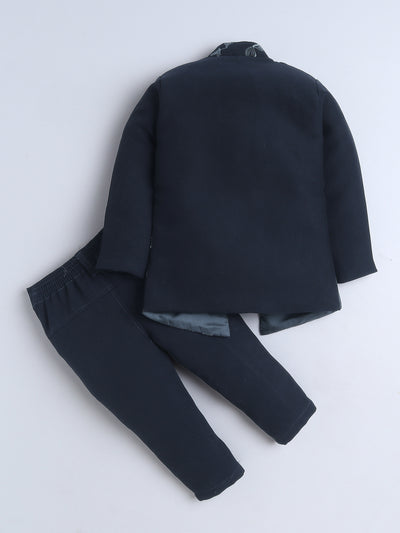 Boys Sequined Zari Embroidery Sherwani & Trouser Set With Shrug