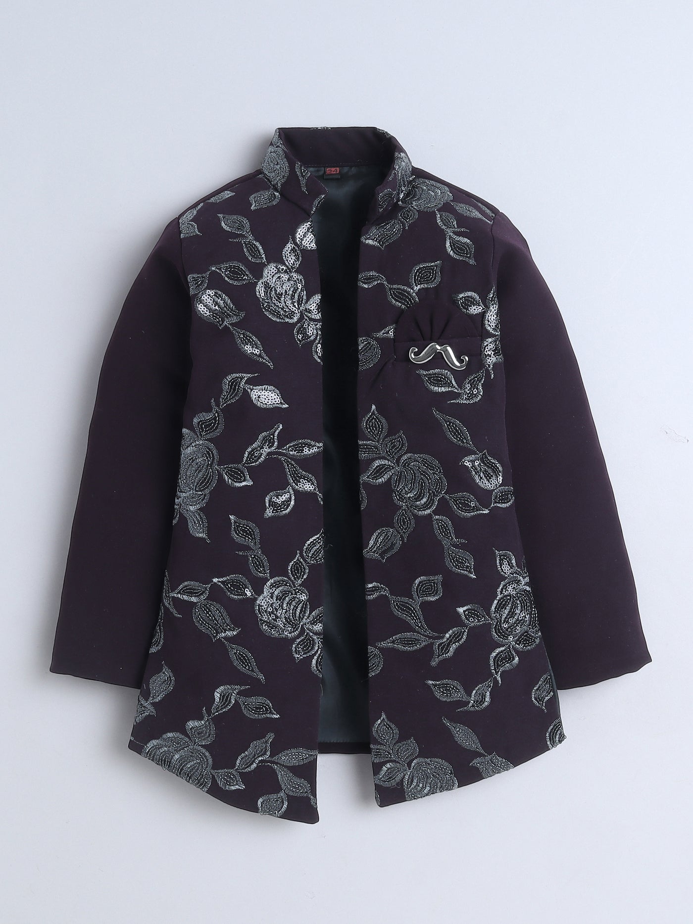 Boys Sequined Zari Embroidery Sherwani & Trouser Set With Shrug