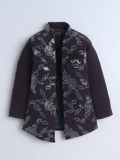 Boys Sequined Zari Embroidery Sherwani & Trouser Set With Shrug