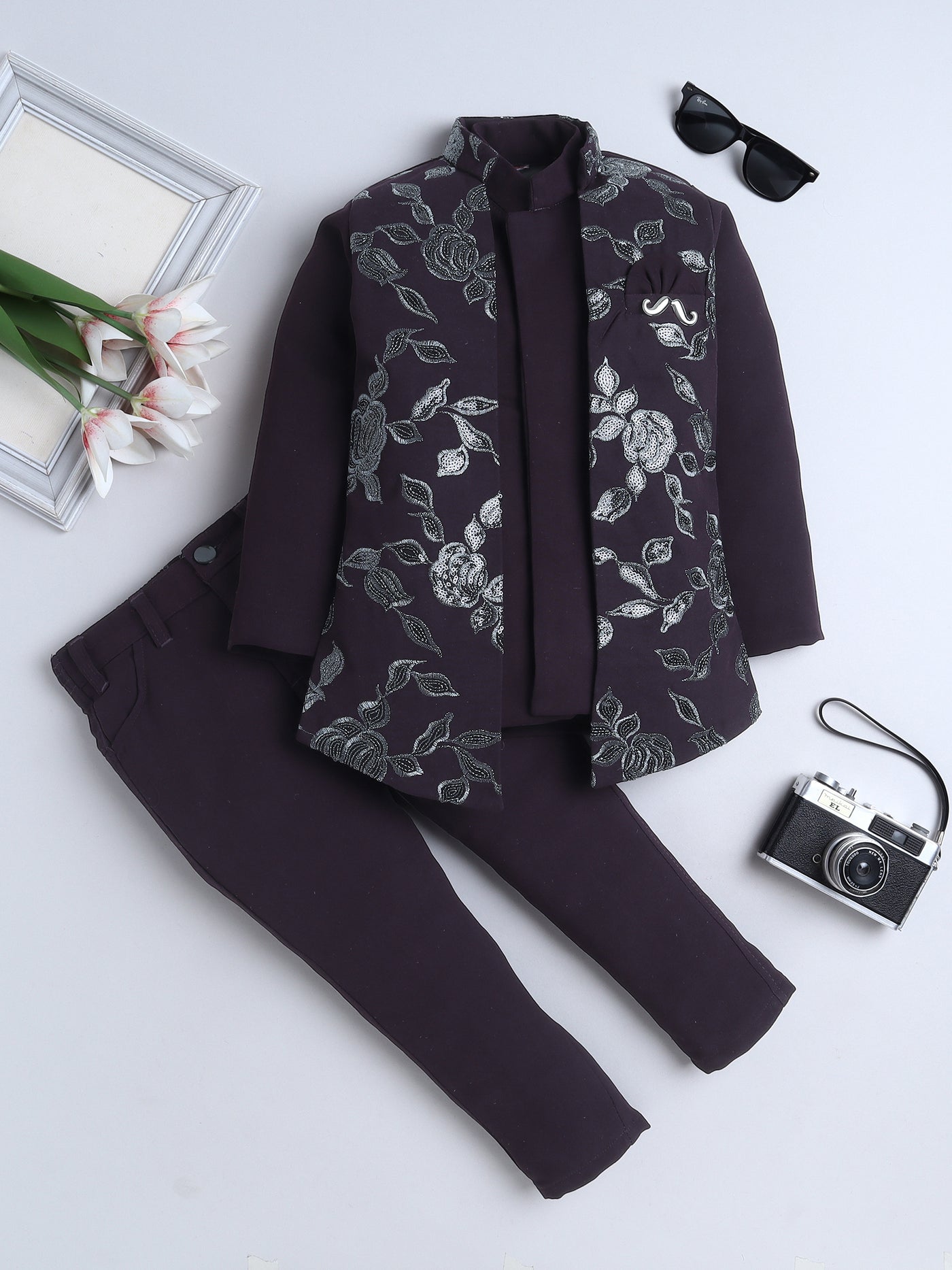 Boys Sequined Zari Embroidery Sherwani & Trouser Set With Shrug