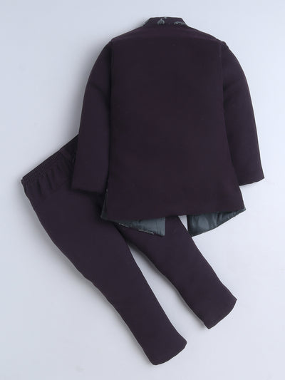 Boys Sequined Zari Embroidery Sherwani & Trouser Set With Shrug