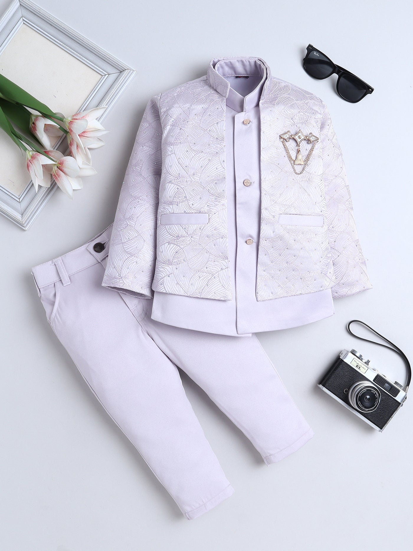 Boys Beads Embellished Embroidered Sherwani & Trouser Set With Shrug