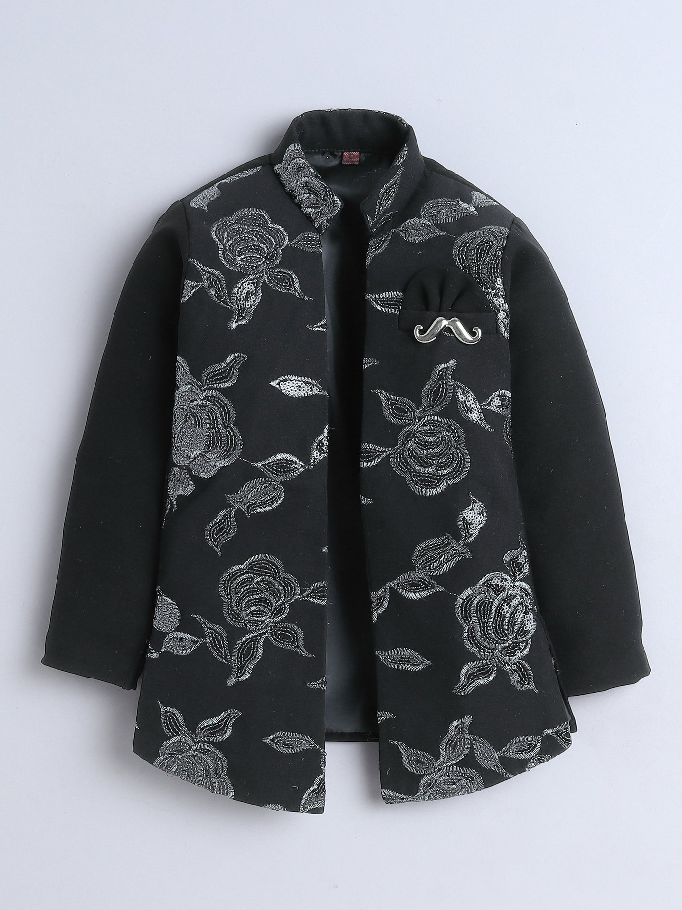 Boys Sequined Zari Embroidery Sherwani & Trouser Set With Shrug