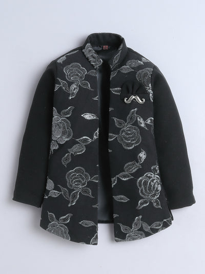 Boys Sequined Zari Embroidery Sherwani & Trouser Set With Shrug