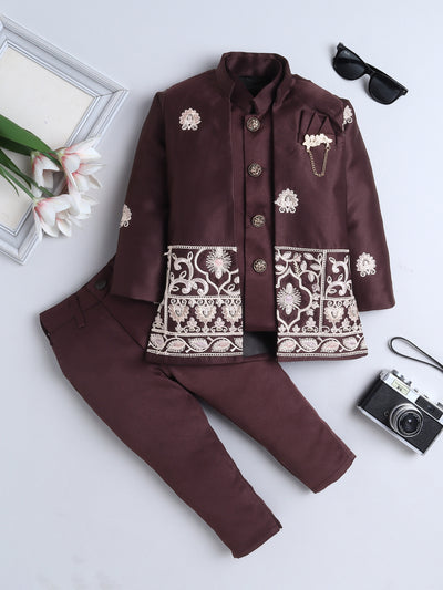Boys Embroidered Sherwani & Trouser Set With Shrug