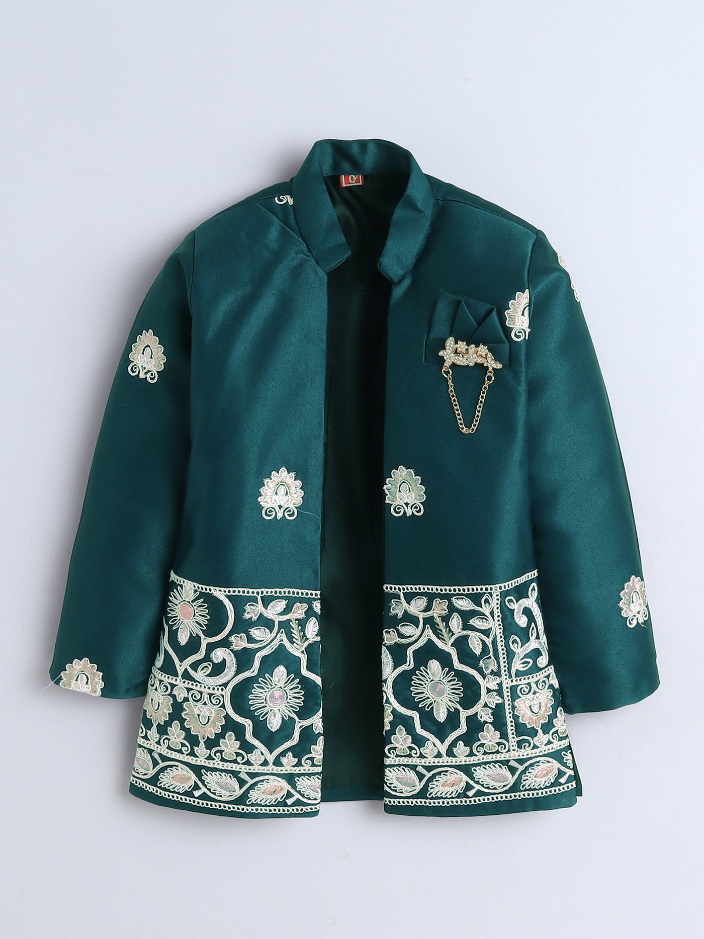 Boys Embroidered Sherwani & Trouser Set With Shrug