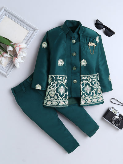 Boys Embroidered Sherwani & Trouser Set With Shrug