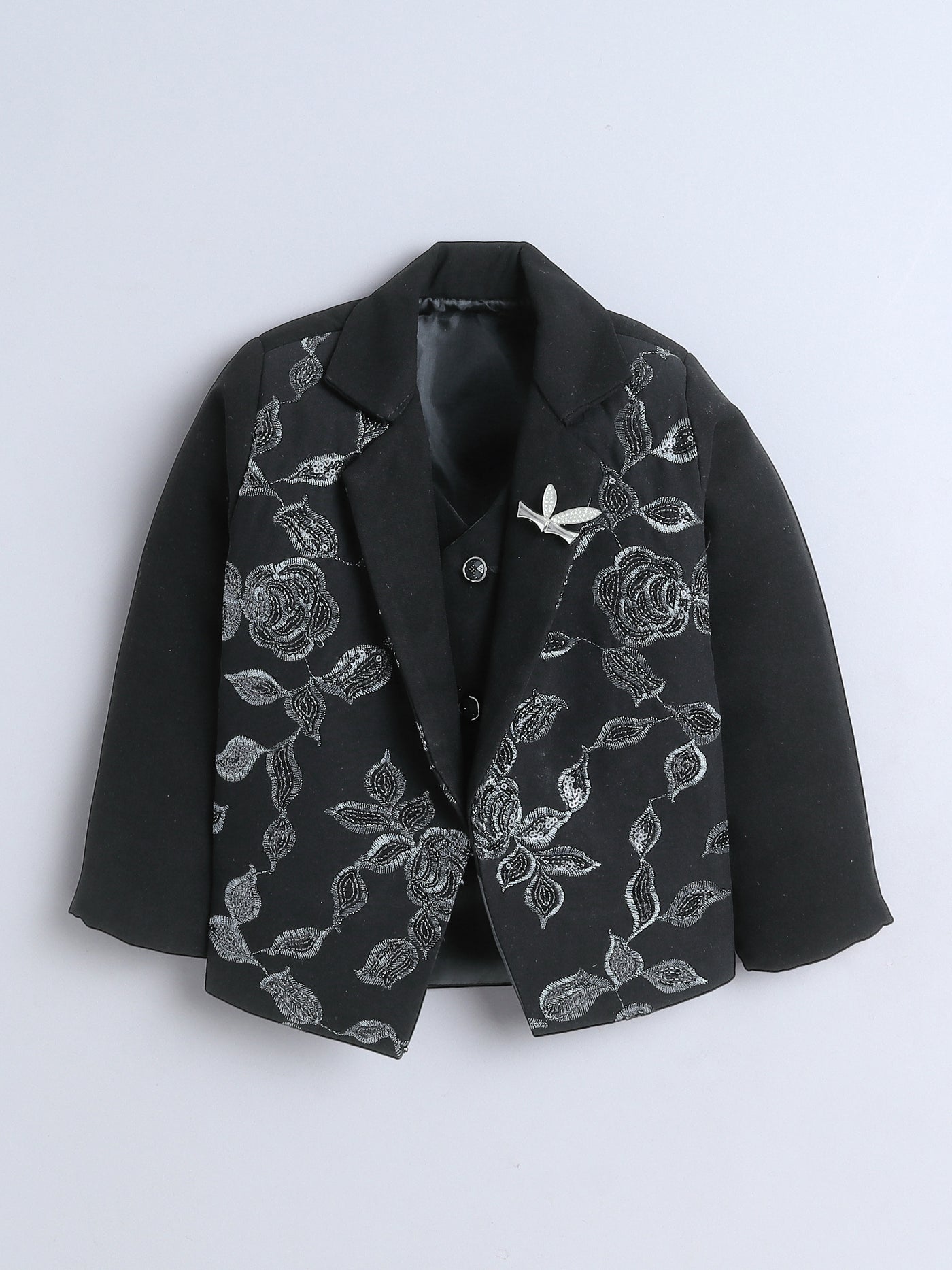 Boys Sequined Zari Embroidery 3 Piece Suit Set With Bow