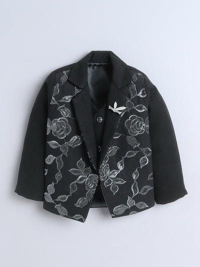 Boys Sequined Zari Embroidery 3 Piece Suit Set With Bow