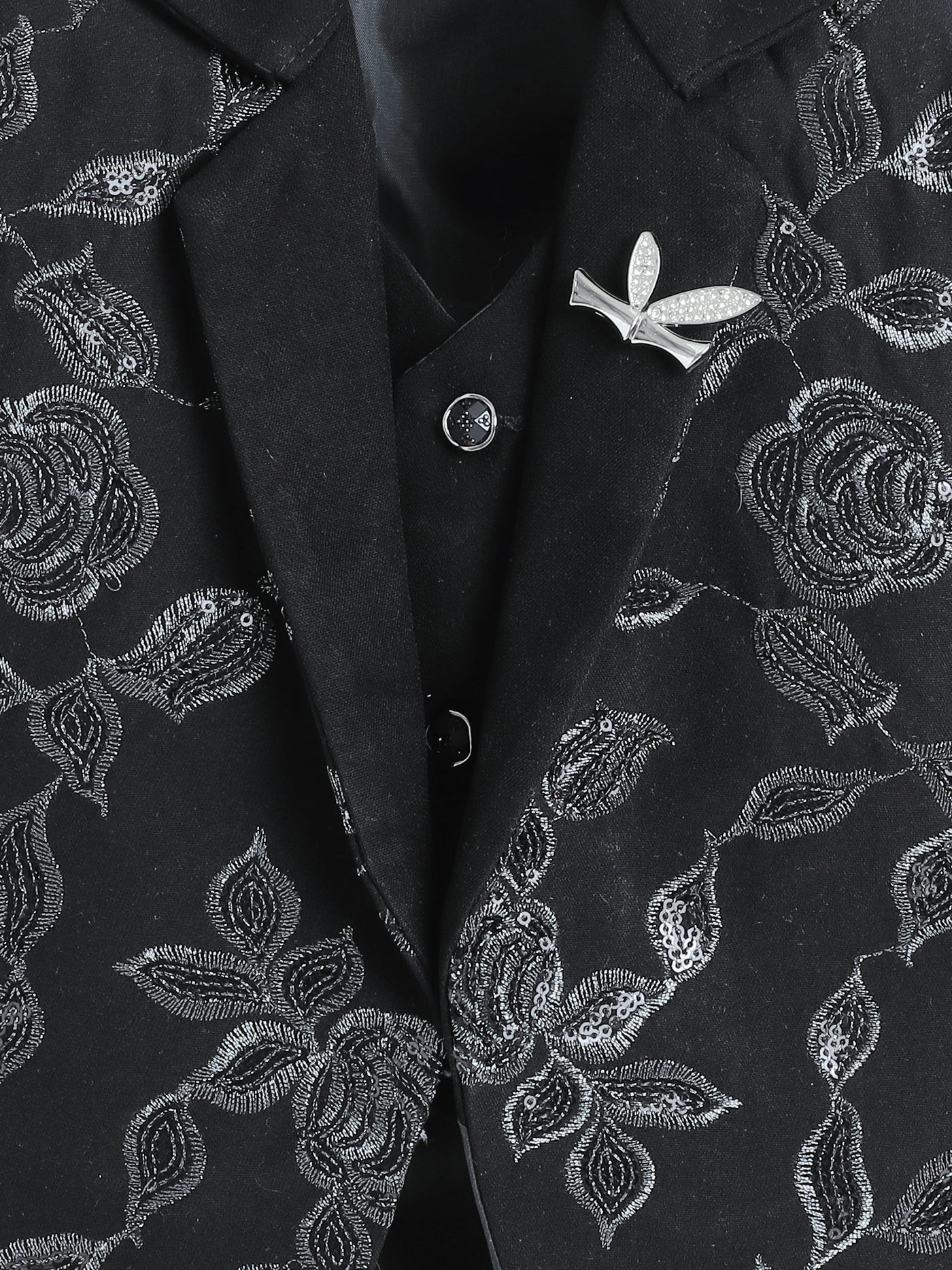 Boys Sequined Zari Embroidery 3 Piece Suit Set With Bow