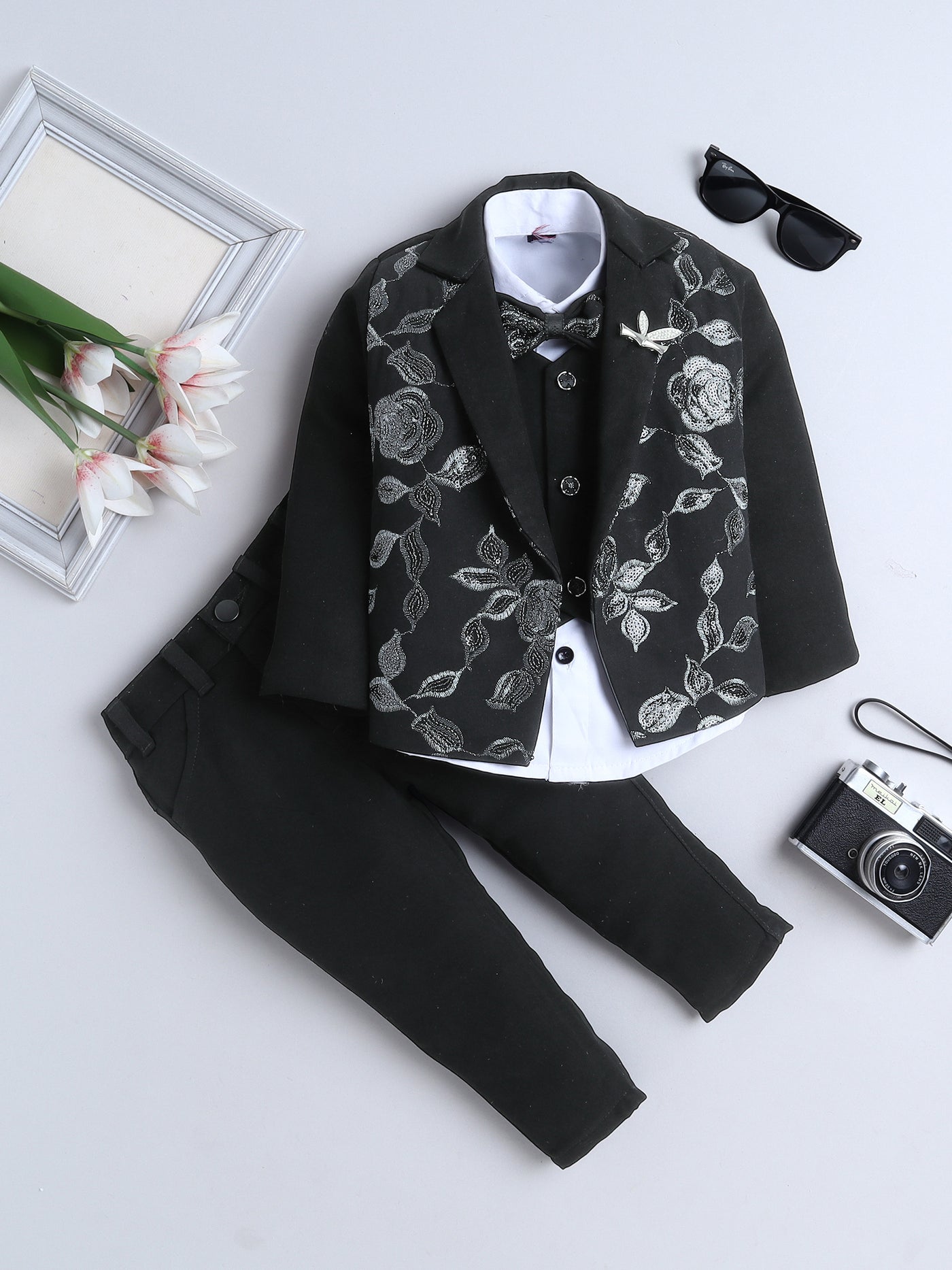 Boys Sequined Zari Embroidery 3 Piece Suit Set With Bow