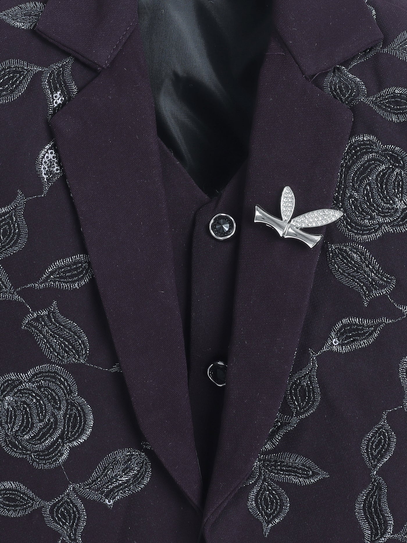 Boys Sequined Zari Embroidery 3 Piece Suit Set With Bow