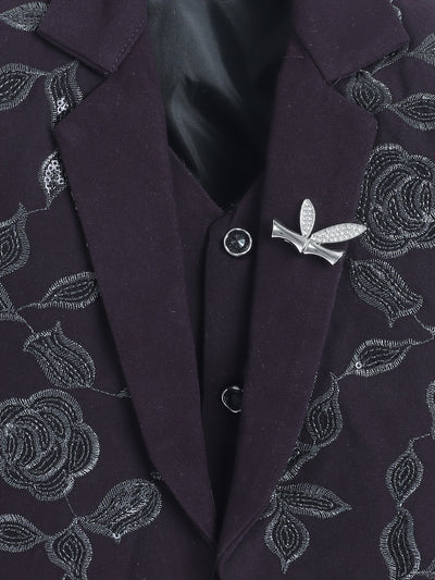 Boys Sequined Zari Embroidery 3 Piece Suit Set With Bow