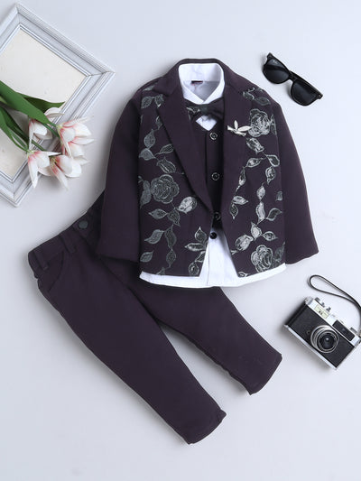 Boys Sequined Zari Embroidery 3 Piece Suit Set With Bow