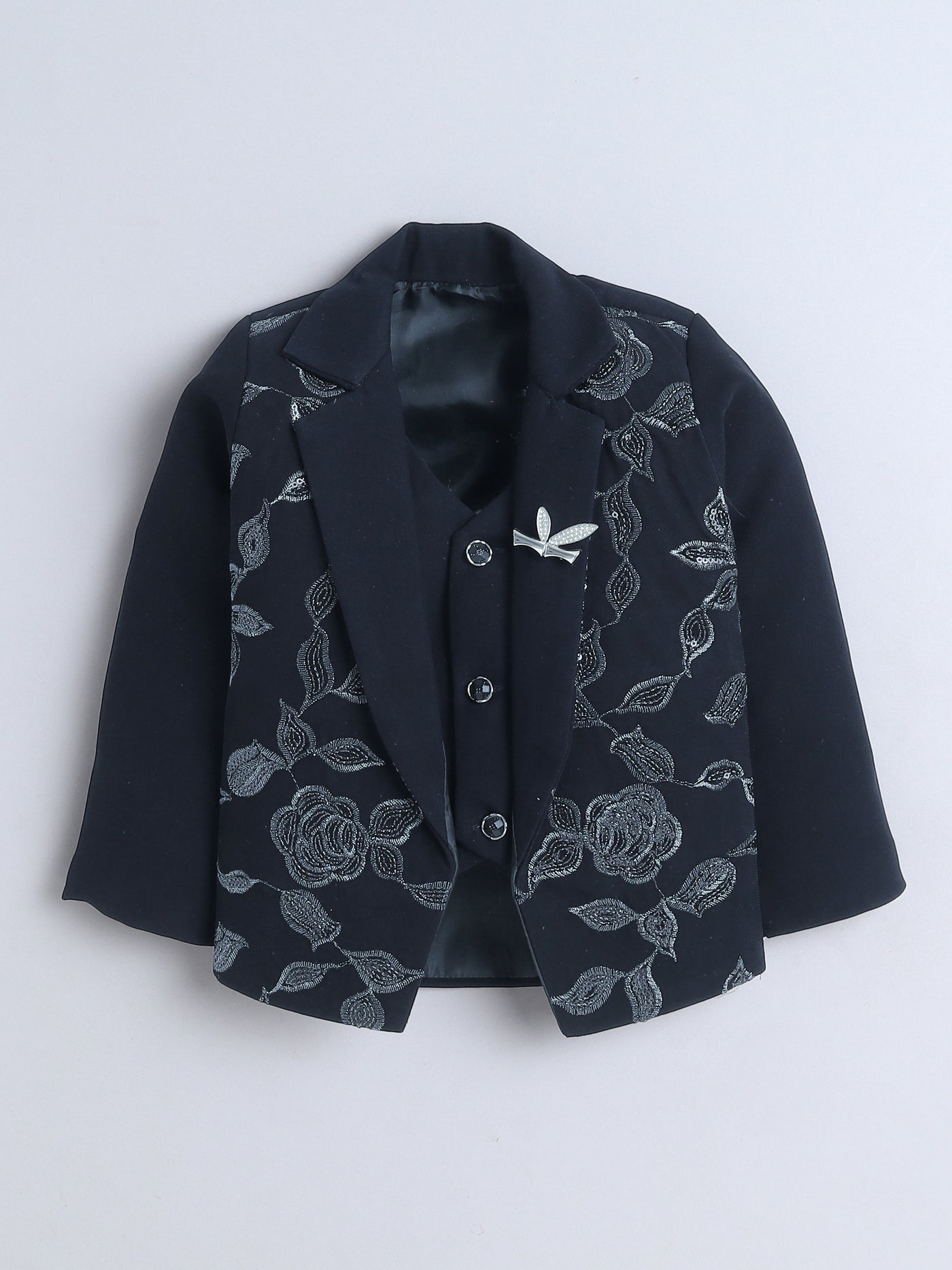 Boys Sequined Zari Embroidery 3 Piece Suit Set With Bow