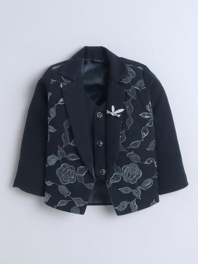 Boys Sequined Zari Embroidery 3 Piece Suit Set With Bow