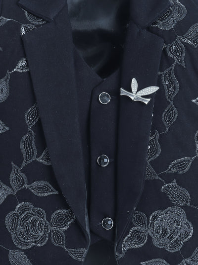 Boys Sequined Zari Embroidery 3 Piece Suit Set With Bow