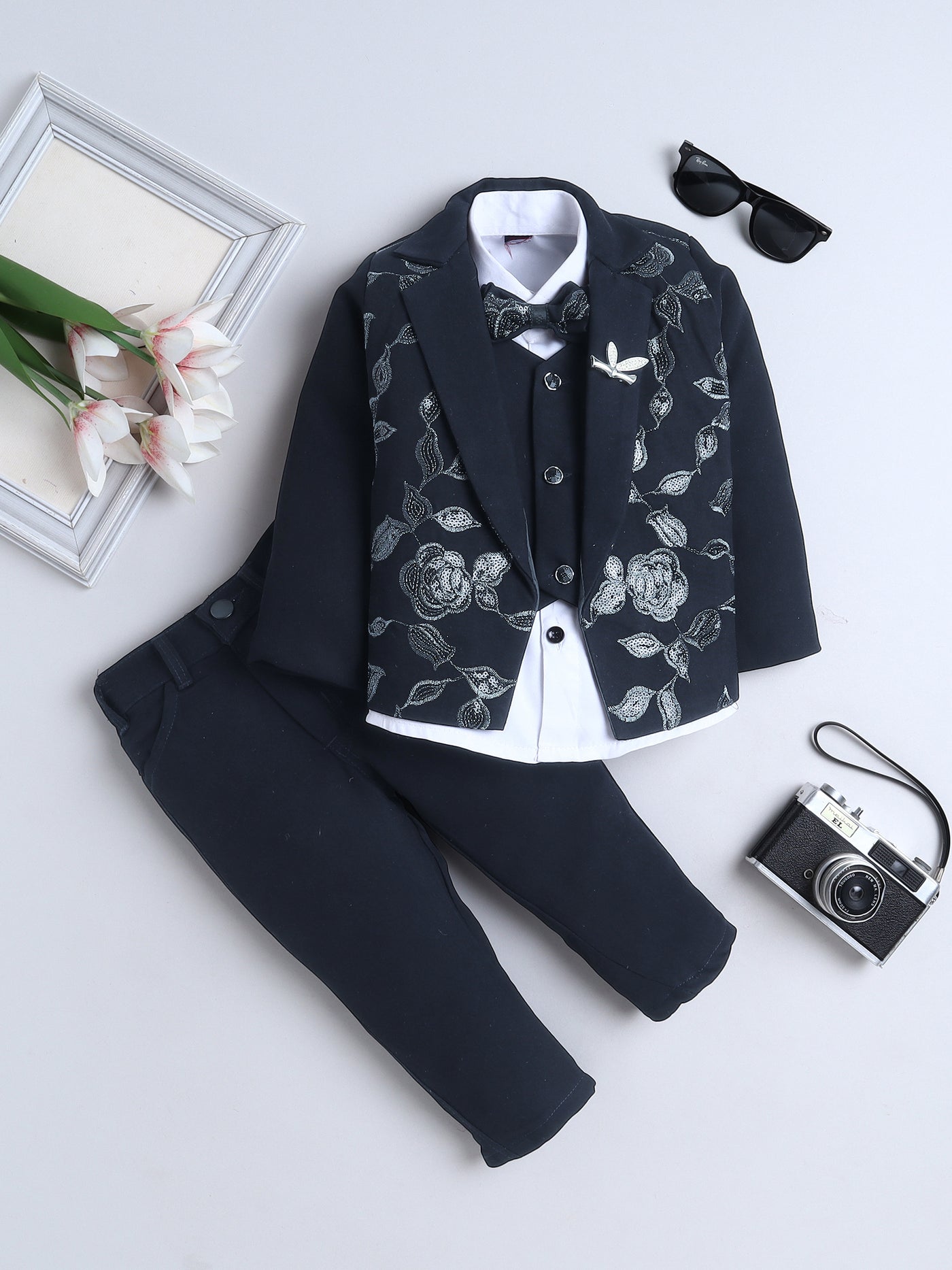 Boys Sequined Zari Embroidery 3 Piece Suit Set With Bow