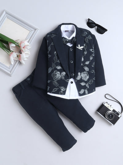 Boys Sequined Zari Embroidery 3 Piece Suit Set With Bow