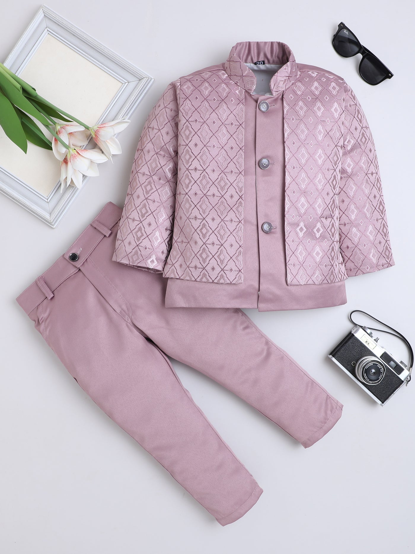 Boys Jacquard Geometric Diamond Motifs Indo Western 2 Piece Suit Set